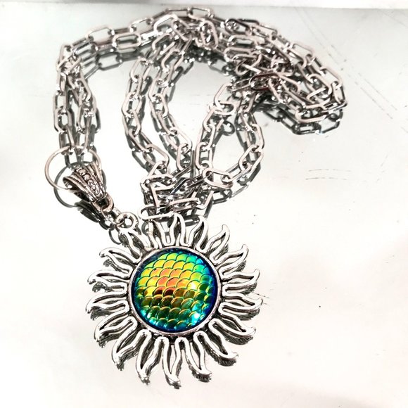 Holographic Sun Silver Pendant Necklace Stainless Steel Cable Chain Boho Hippie - Picture 3 of 5